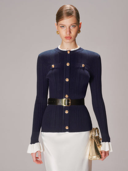 Belted Metal Button Ribbed Knit Top