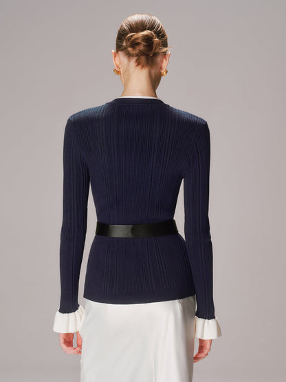 Belted Metal Button Ribbed Knit Top