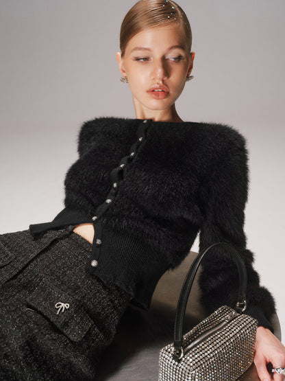 Button-Front Faux Mink Cropped Cardigan