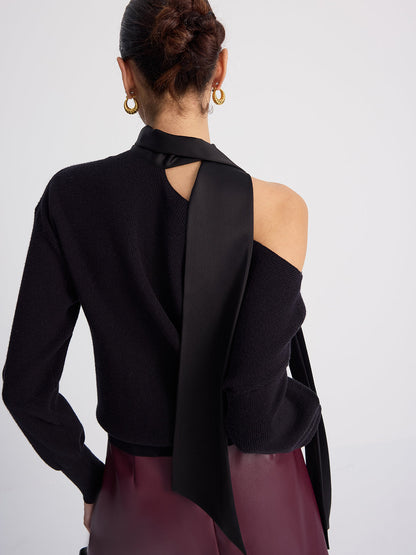 Tie-Detail Cold-Shoulder Knit Sweater