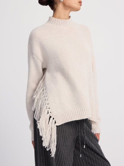 Oversized Fringe Mock-Neck Sweater
