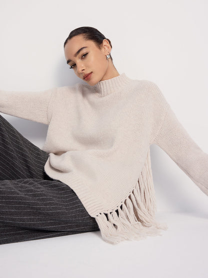 Oversized Fringe Mock-Neck Sweater
