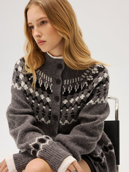Loose Fair Isle Knit Button Front Cardigan