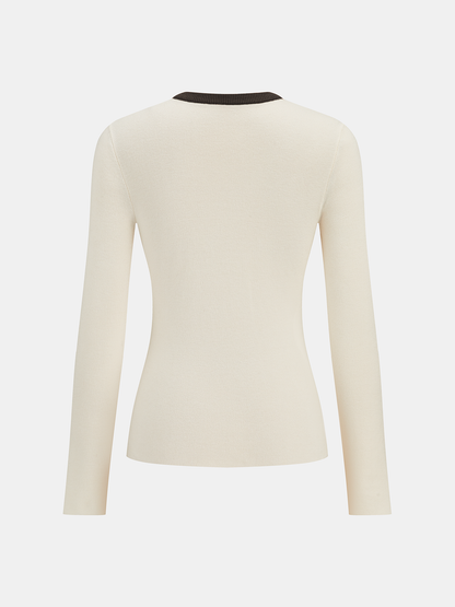 Metal Detail Color-Block Long Sleeve Knit Top