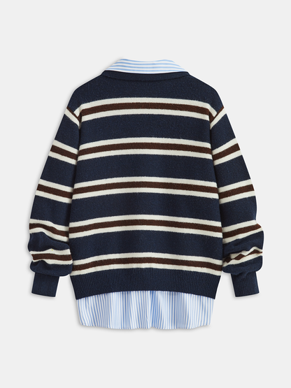 Shirt Panel Striped Polo Knit Sweater