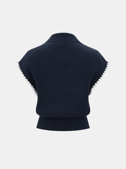 Metal Clasp Contrast Trim Collared Knit Vest