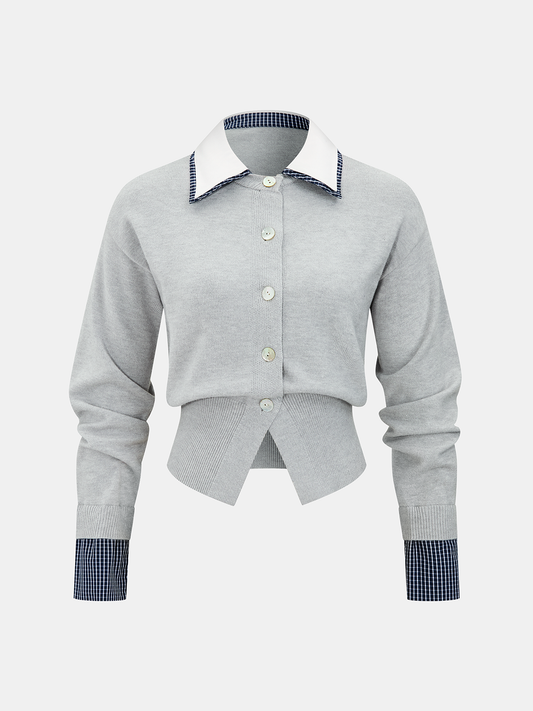 Plaid Detail Contrast Collar Knit Cardigan