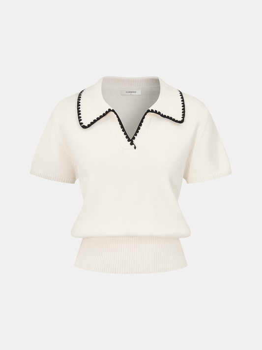 Contrast Trim Wool-Blend Short-Sleeve Knit Top