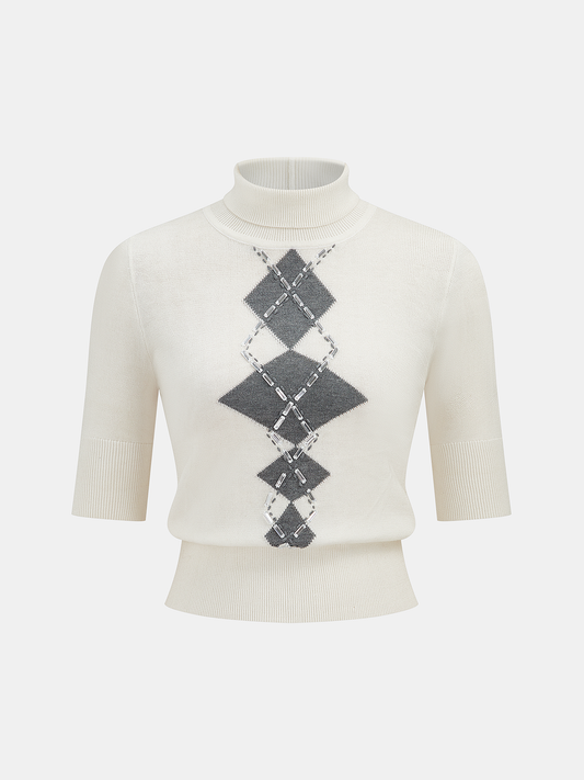 Embellished Argyle Wool-Blend Turtleneck Sweater