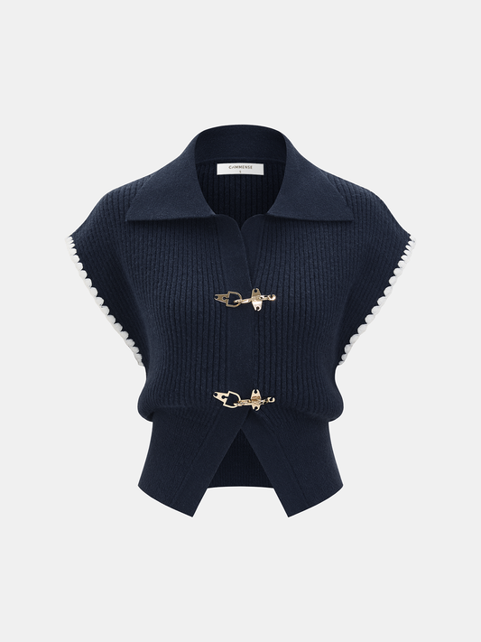 Metal Clasp Contrast Trim Collared Knit Vest