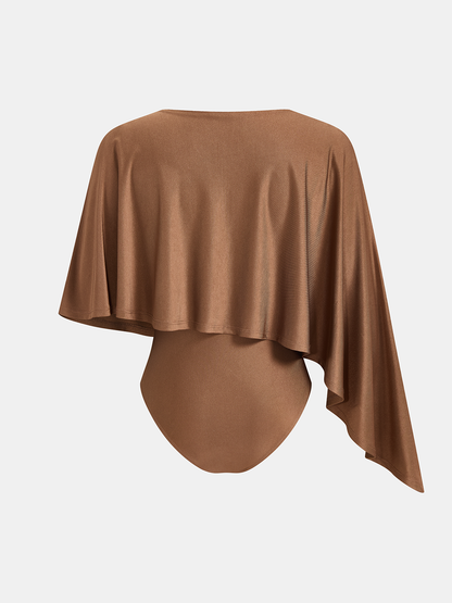 Asymmetric Cape Sleeve Slinky Knit Bodysuit