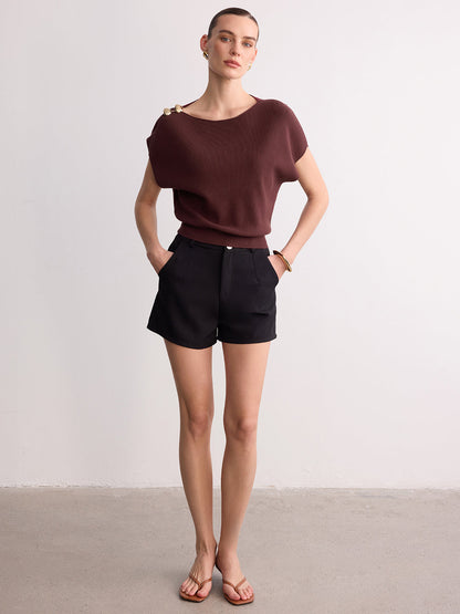 Metal Detail Batwing Sleeve Oversized Knit Top