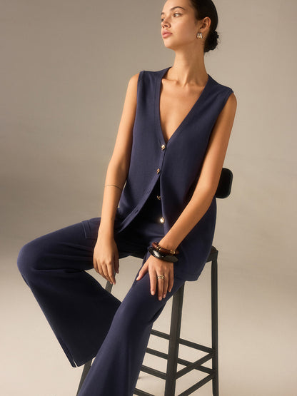 Golden Button Knit Vest Pants Set in Premium Fabric