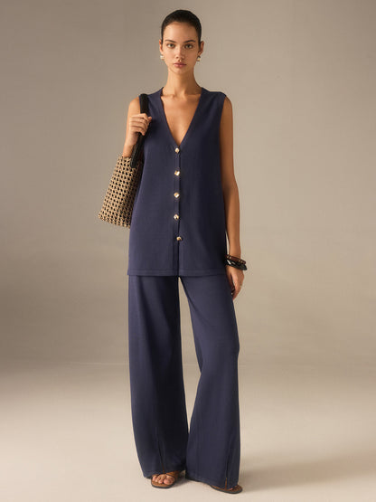 Golden Button Knit Vest Pants Set in Premium Fabric