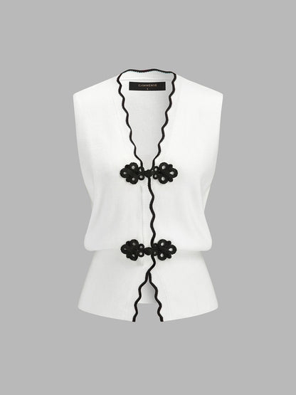 Frog Button Wave Trim Sleeveless Knit Vest
