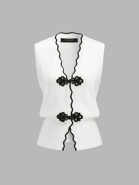 Frog Button Wave Trim Sleeveless Knit Vest