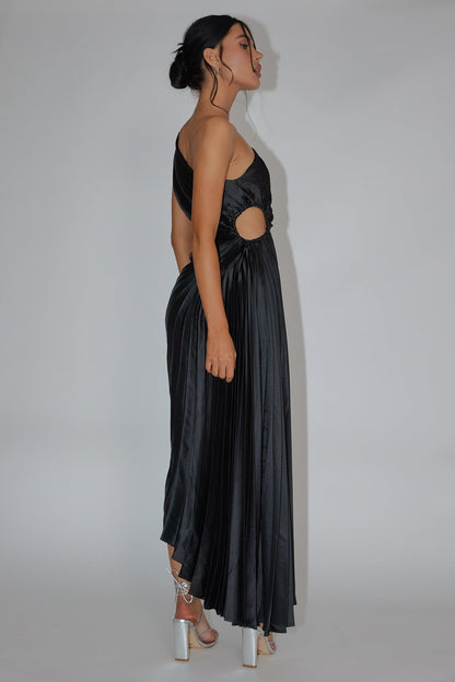 Brooklynn One-Shoulder Accordion Pleat Dress Black
