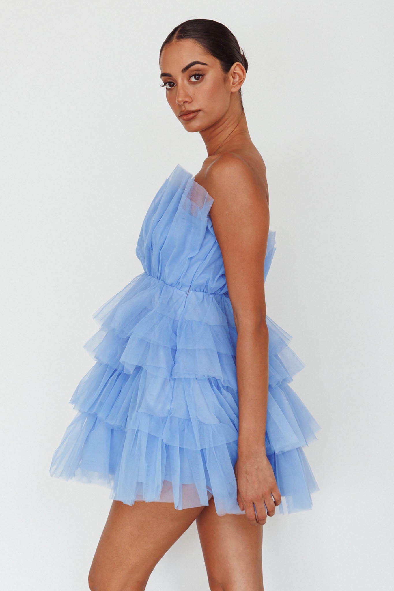 Bon Bon Tiered Mesh Mini Dress Steel Blue